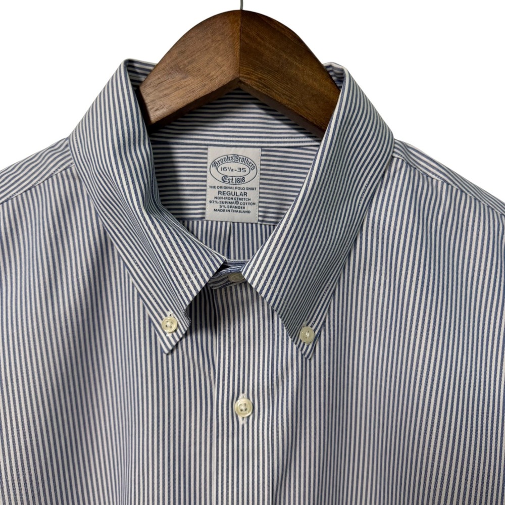 Brooks Brothers Dress Shirt Mens 16.5-35 Regular Non-Iron Stretch Blue Stripe